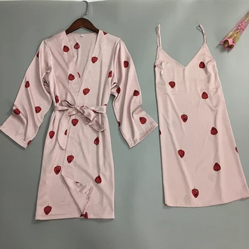 

Lovely Print Pink Strawberry Robe Set Lougne Comfortable Mini Women Home Clothes Silky Sleepwear Simulated Home Suit