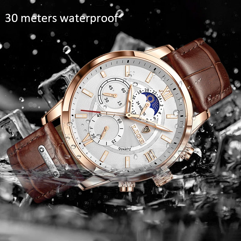 LIGE Men Watches 2021 New Fashion Leather Waterproof Luminous Top Brand Luxury Mens Quartz Wristwatch Men Relogio Masculino+box