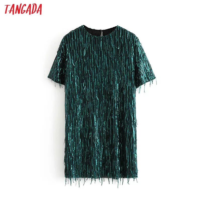 Tangada, женское зеленое платье с блестками, круглый вырез, короткий рукав, Осень-зима, женское Новогоднее праздничное платье, vestidos 3H171