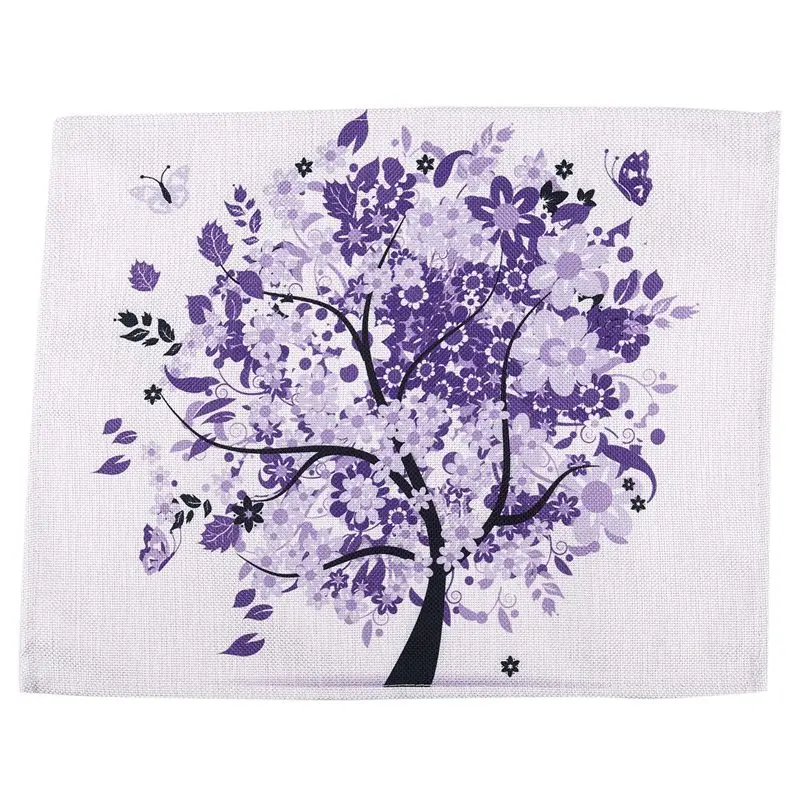 Fashion-Purple Tree Printed Linen Placemats for Kitchen Washable Table Mats Non-slip Heat Insulation Dining Table Mats for Teacu