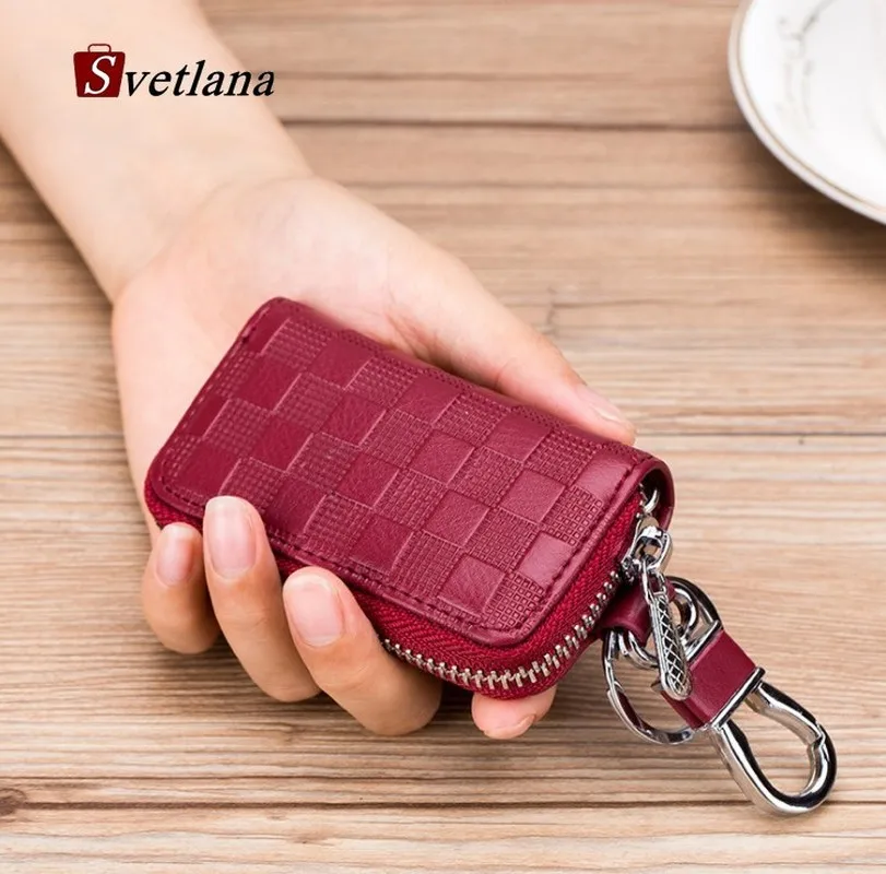 Genuine Leather Men Zipper Keychain Auto Car Key Wallet Case Bag Women