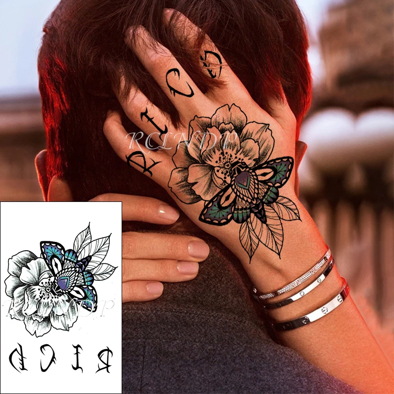 Waterdichte Tijdelijke Tattoo Sticker Blauwe Vlinder Bloem Letters waterdichte-tijdelijke-tattoo-sticker-blauwe-vlinder-bloem-letters