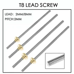 Vis en cuivre pour imprimante 3D T8 avec écrou pour Reprap, de diamètre extérieur 8 mm, niveau 2 mm, plomb 2 mm/8 mm, 200 mm, 250 mm, 300 mm, 350 mm, 400 mm, 450 mm, 500 mm, 
