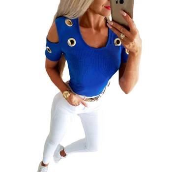 

Women Clothing Sexy Off Shoulder Hollow Out Solid O Neck Short Sleeve Tops Tee Ladies Slim Casual European T-shirt SJ5769M