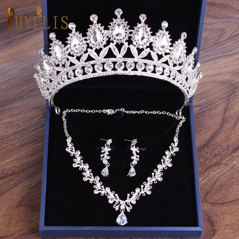 A111 Wedding Tiaras and Crowns for Bride Headwear Earring Necklace Jewelry Set Bridal Headpiece Rhinestone Headband Queen Diadem