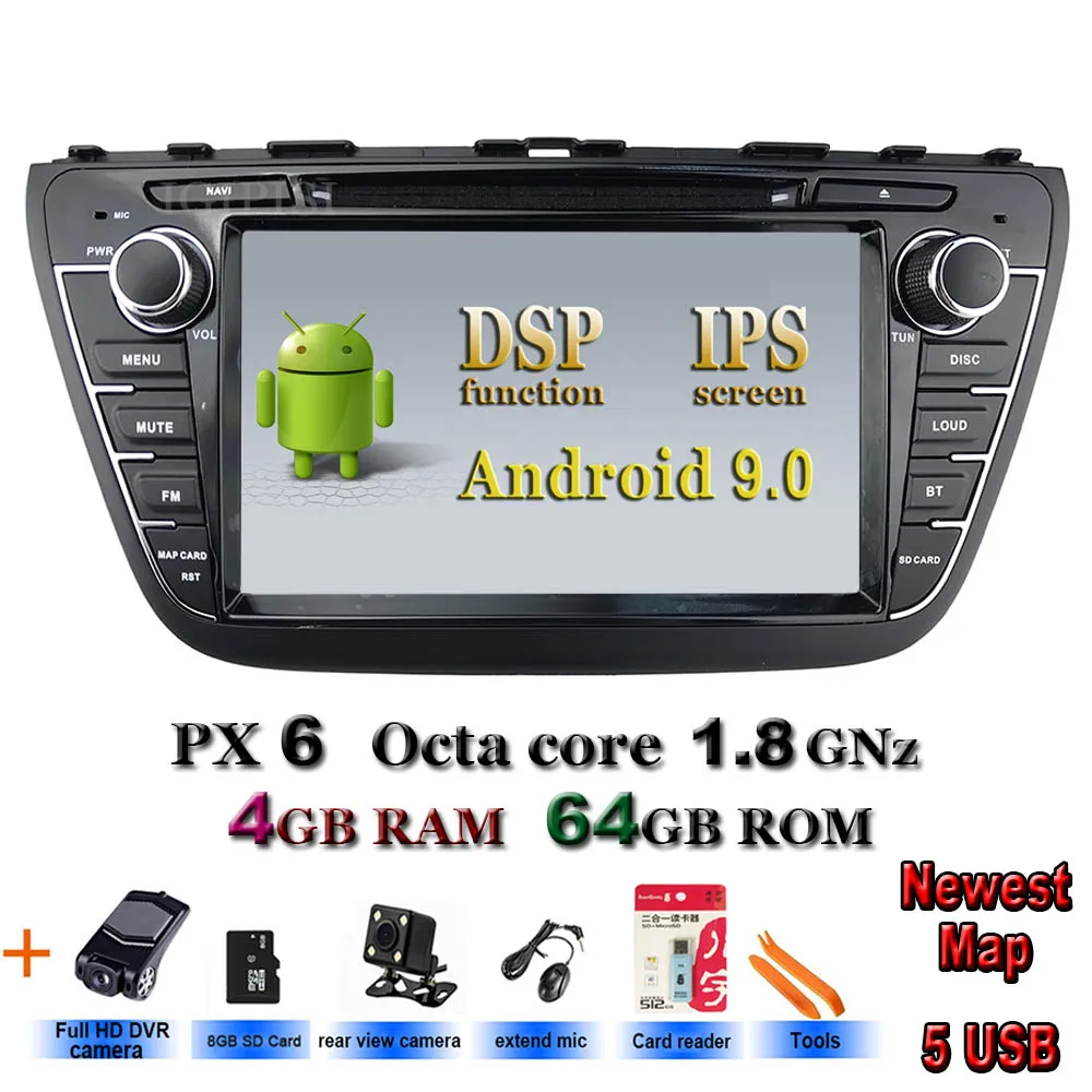 Android 9,0 Suzuki SX4 S Крест автомобильный dvd плеер Автомобильный RDS стерео gps навигации Аудио Видео 5USB DSP ips - Цвет: PX6 Rear-DVR cams