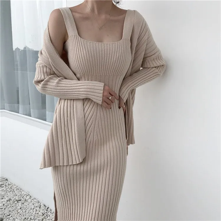 

2018 Winter New Women Cardigan Sweater Mid Dress Suit Solid Two Piece Sets Casual Fashion Long Sleeve Knitted Outfits