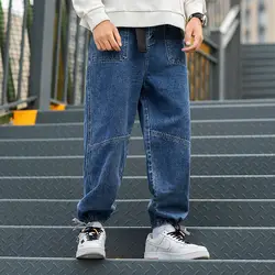 Высококачественные свободные джинсы-шаровары, хлопковые прямые мужские джинсы из денима, повседневные джинсовые брюки, Классические