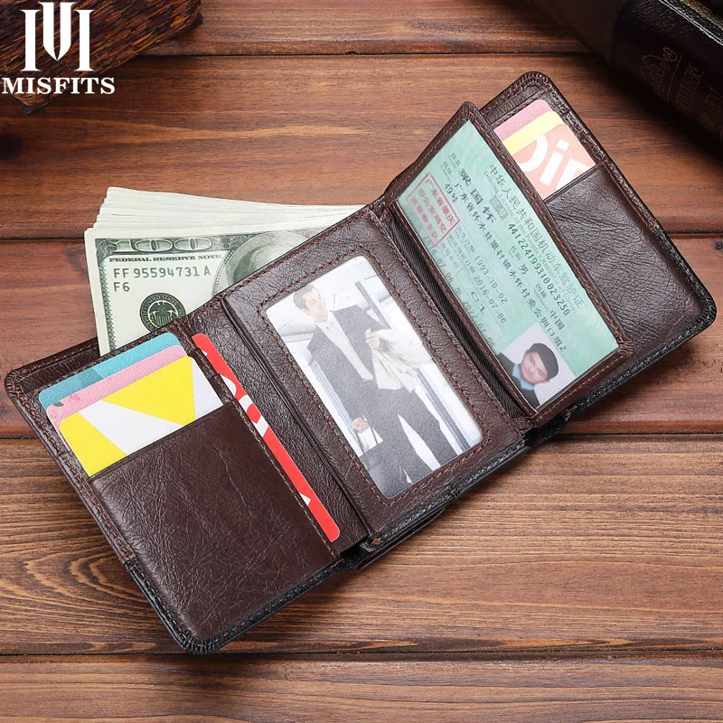 

MISFITS Genuine Leather Trifold Men Wallets Vintage Hasp Short Purse Big Capacity Card Holder Coin Pocket Cowhide Male Carteira