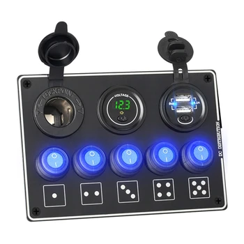 

5 Gang Rocker Dual USB Charger LED Volmeter with Switch 12V Outlet Pre-Wired Switch Panel for Car Truck Boat Marine SUV