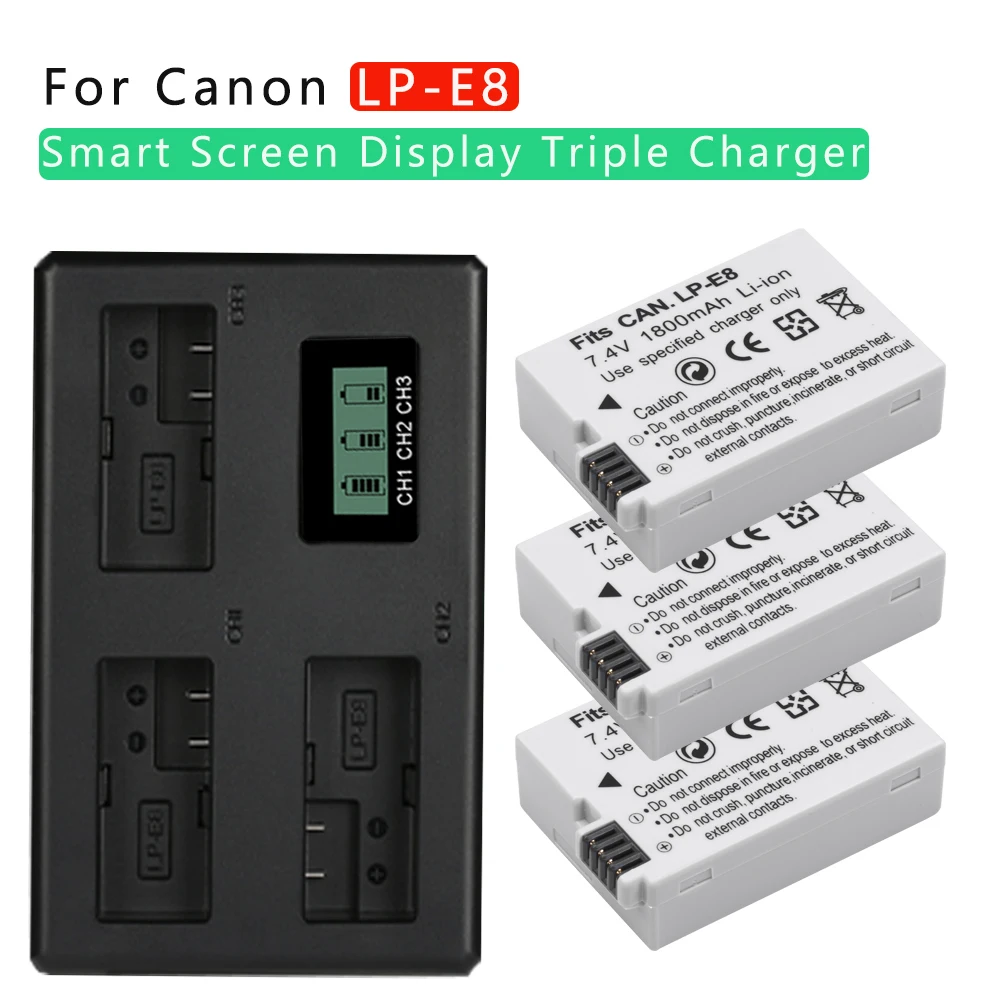 

3 Pcs LP-E8 LPE8 LP E8 Battery Batterie+ LCD 3 card slot Charger for Canon EOS 550D 600D 650D 700D X4 X5 X6i X7i T2i T3i