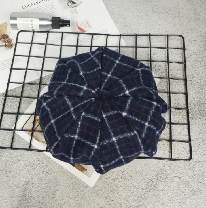 Корейская версия плоской шерстяной шляпы Ретро клетчатая художественная шапка художника женская осенняя и зимняя теплая японская берет тыква шляпа - Цвет: blue