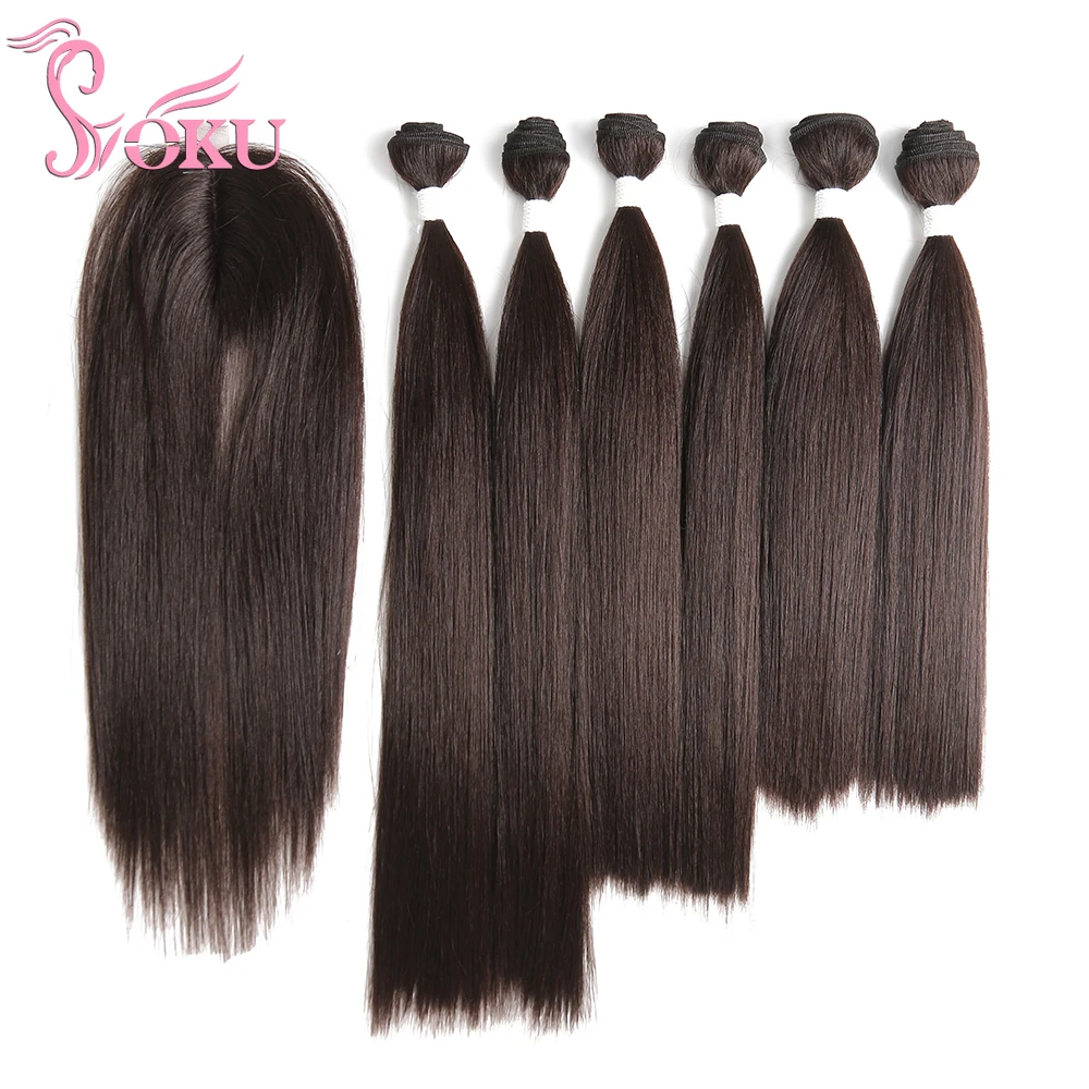 SOKU Yaki pelo recto que teje mechones con cierre 14-18 pulgadas largo 7 unids/pack extensión del pelo sintético de la trama del pelo para las mujeres
