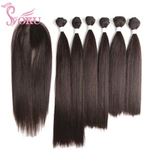 Soku yaki-aplique de cabelo liso, extensão capilar de 14-18 polegadas, 7 cabeças, cabelo sintético, para mulheres