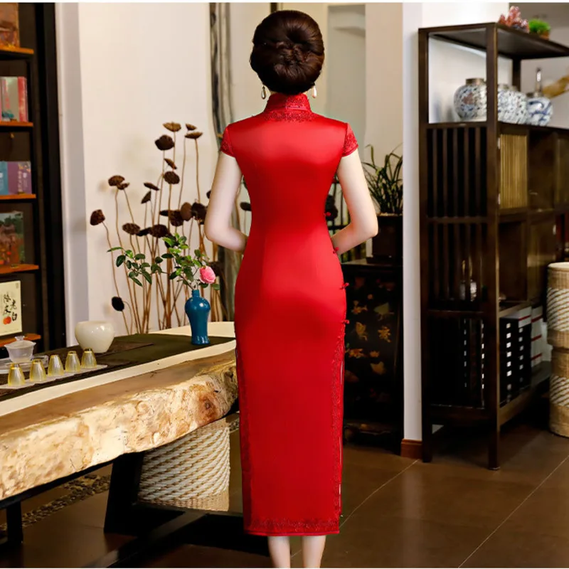 Vestido de Noite Vermelho Longo Qipao Cheongsam