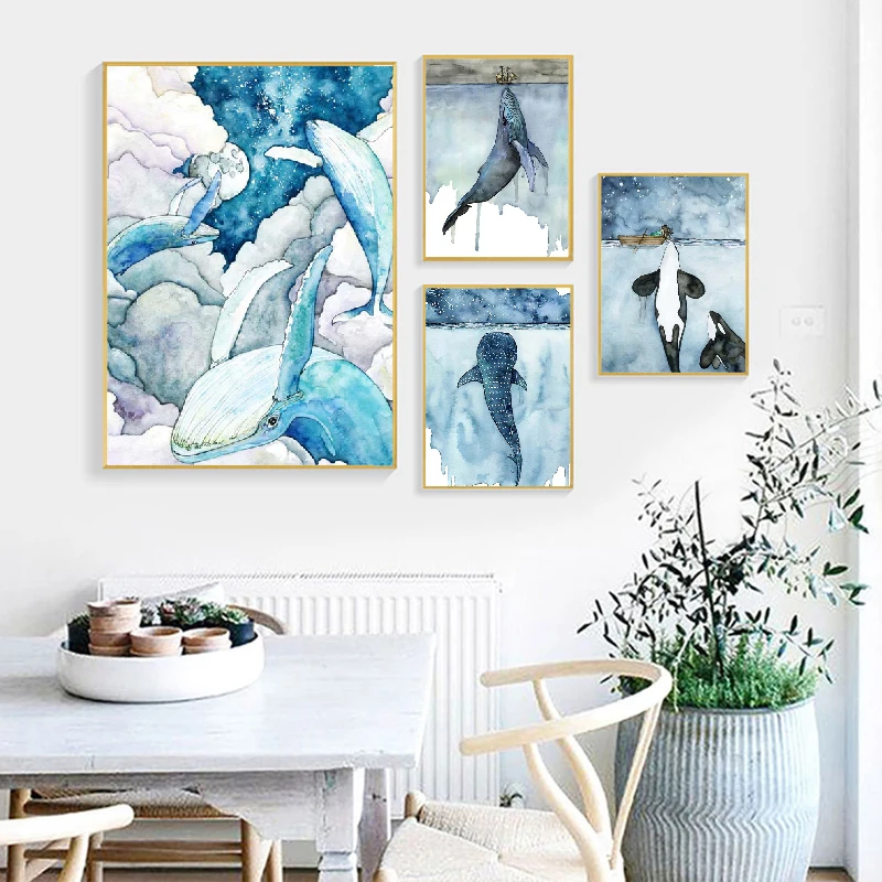 Nordic big whale ship sea blue acquerello animali marini poster tela