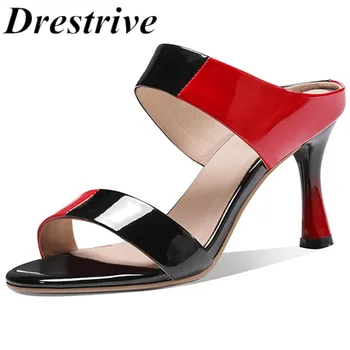

Drestrive Women Sandals Mixed Colors Cow Leather Thin Heels 8 cm 2020 Summer Fashion High Heel Shoes Patent Leather Slippers