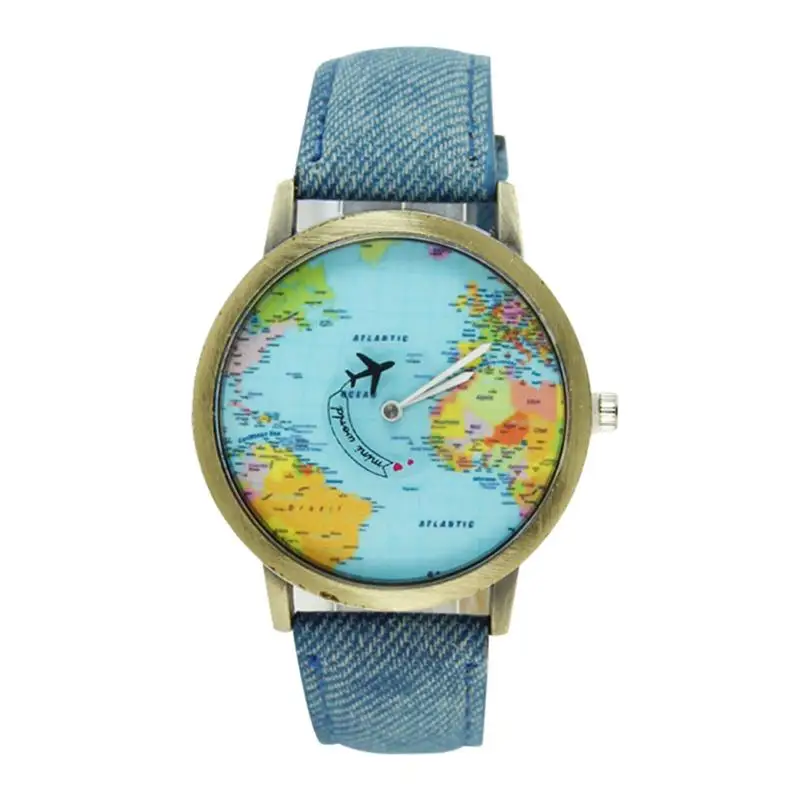 

Women Men Quartz Watches Fashion Exquisite Beautiful Appearance Casual World Map Airplane Travel Dress Watch Denim Band