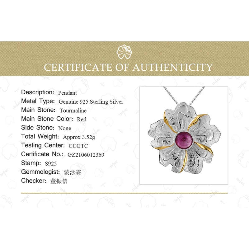 Lotus Fun Real 925 Sterling Silver Natural Tourmaline Handmade Fine Jewelry Peony Flower Pendant without Necklace for Women