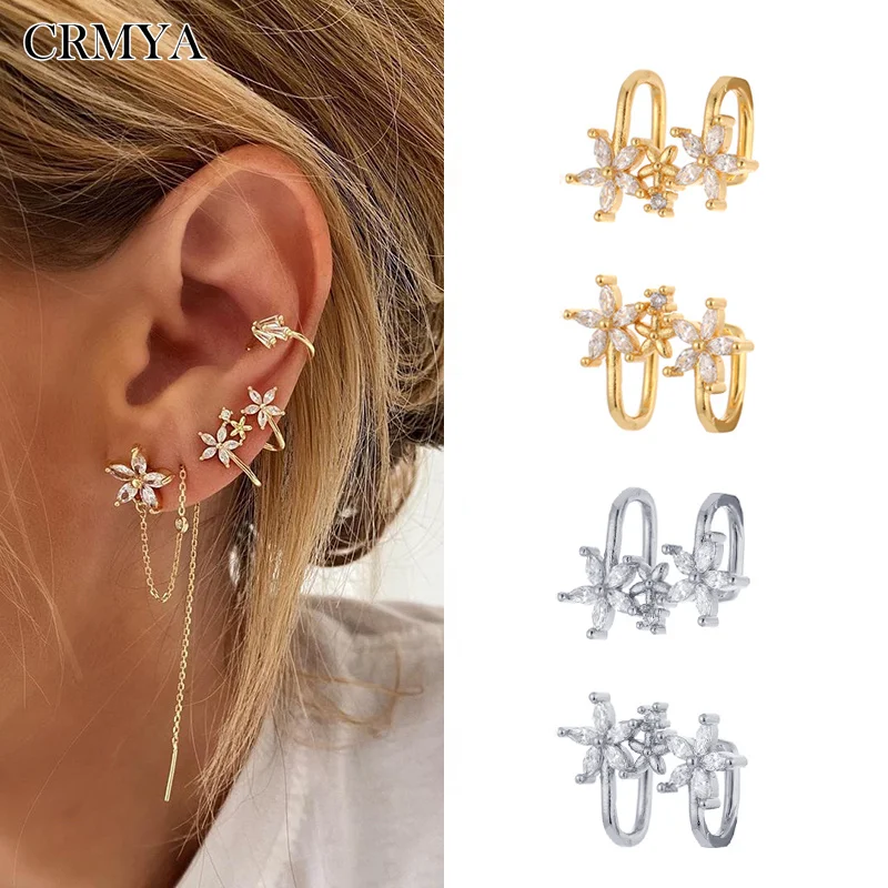 

CRMYA Gold Silver Filled Clip On Earrings For Women CZ Zircon Flower Ear Cuff Jewelry Non Piercing Earcuffs Girls Accessories