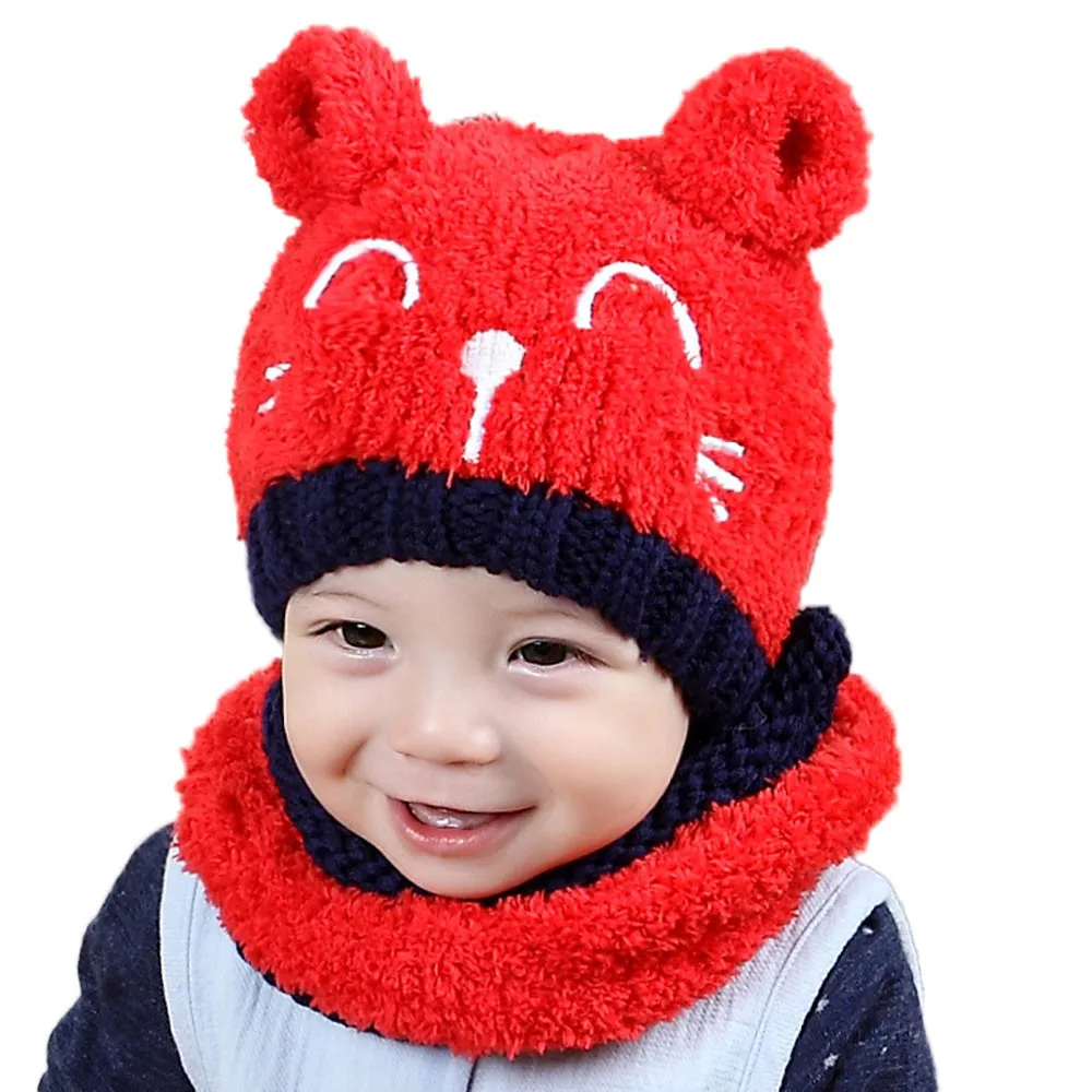 Восхитительная теплая шапка для маленьких девочек и мальчиков, зимний шарф с капюшоном, вязаная шапка с ушками, милый подарок, костюм для 1-3 лет