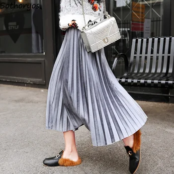 

Skirts Women 2020 Winter High Waist Gold Velvet A-Line Solid Simple All-match Elegant Skirt Womens Trendy Soft Moda Mujer Chic