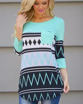 

Totem Pocket Long Sleeved Round Neck Shirt Splice Printing Long Casual Sweet Irregular fashion Mixed Colors T-Shirt