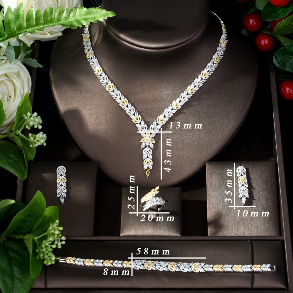 HIBRIDE винтажный женский свадебный комплект ювелирных изделий AAA кубический цирконий дизайн листьев 2 тона ожерелье и серьги набор вечерние N-1112