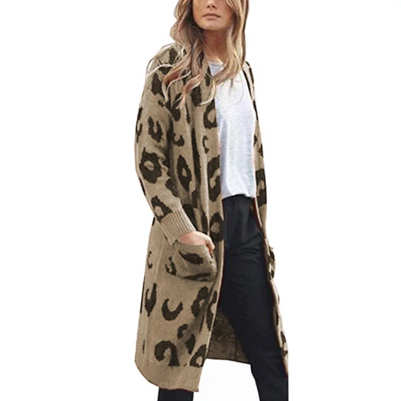 

Ladies fashion trend autumn and winter long sweater leopard V-neck cardigan long-sleeved jacket winter sweater women S-XL