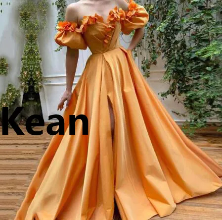 

Vestidos de Festa Off Shoulder High Slit Evening Dresses Handmade Flowers Dubai Arabic Saudi Arabian Prom Dress Custom Made