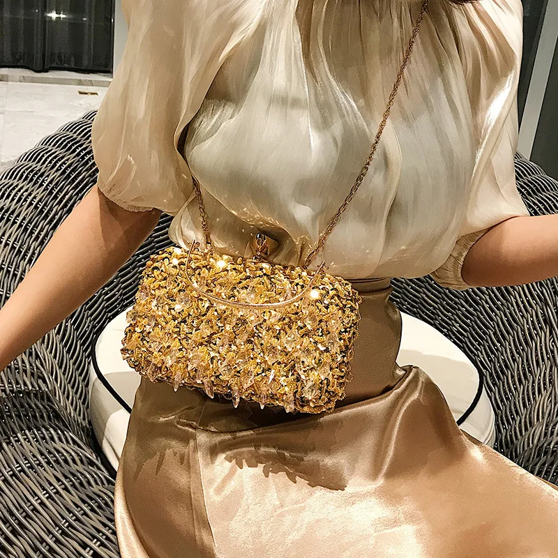 

Female 2019 New Celebrity Heavy Industry Sequins Dinner with Handbags, All Sets of Diamond Chains and Small Squares