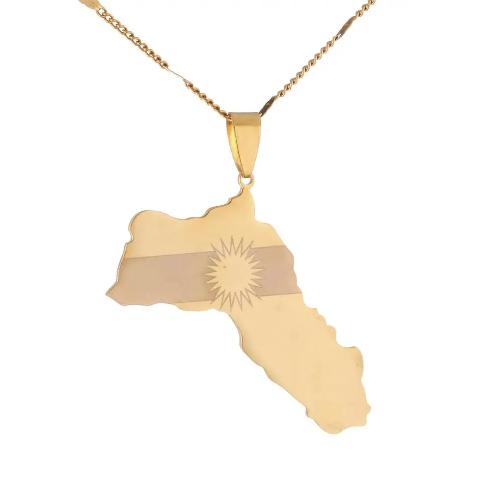 Stainless Steel Kurdistan Map Pendant Necklaces Kurdish Flag Map Jewelry