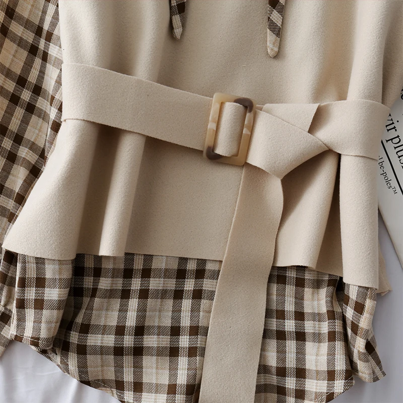 Elegant Autumn Blouse Women Vintage Plaid Long Sleeve Shirt+ Woolen Casual With Sashes Vest Two Pieces Set Matching Set
