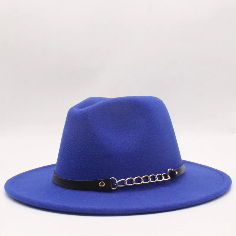 Горячая мода бренд сплошной цвет Дамы Винтаж Fedora мужчина женщина топ шляпа зима широкими полями фетровые шляпы классический jazzy кепки шерсть - Цвет: Небесно-голубой