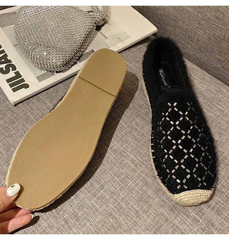 Fashion Hemp Loafers Women Espadrilles Flats Shoes Sewing Rhinestone Round Toe Ladies Casual Moccasins Slip On Brand Style New