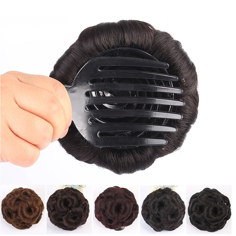 Булочка пончик-шиньон с пластиковой расческой для женщин высокая температура синтетического волокна волос клип в эластичных поддельных волос
