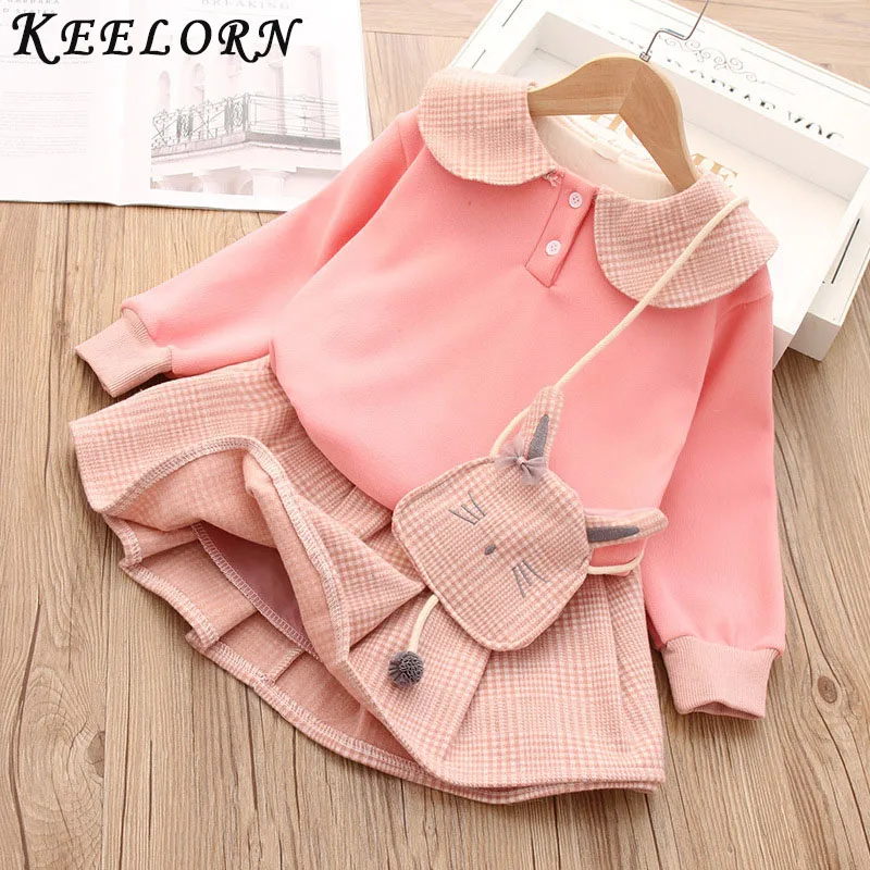 

Keelorn Cute Girl Clothing Set Casual Plaid Printing Sweatshirt Skirts Suit with Bag 3pcs Autumn Kids Sets Children Clothes Suit