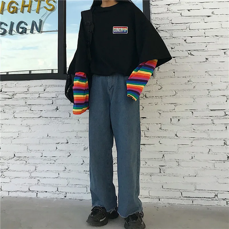 ZSIIBO Harajuku пуловер Женский лоскутный нейтральный пуловер с радужными рукавами Свободный пуловер большого размера имитация 2 женская уличная одежда