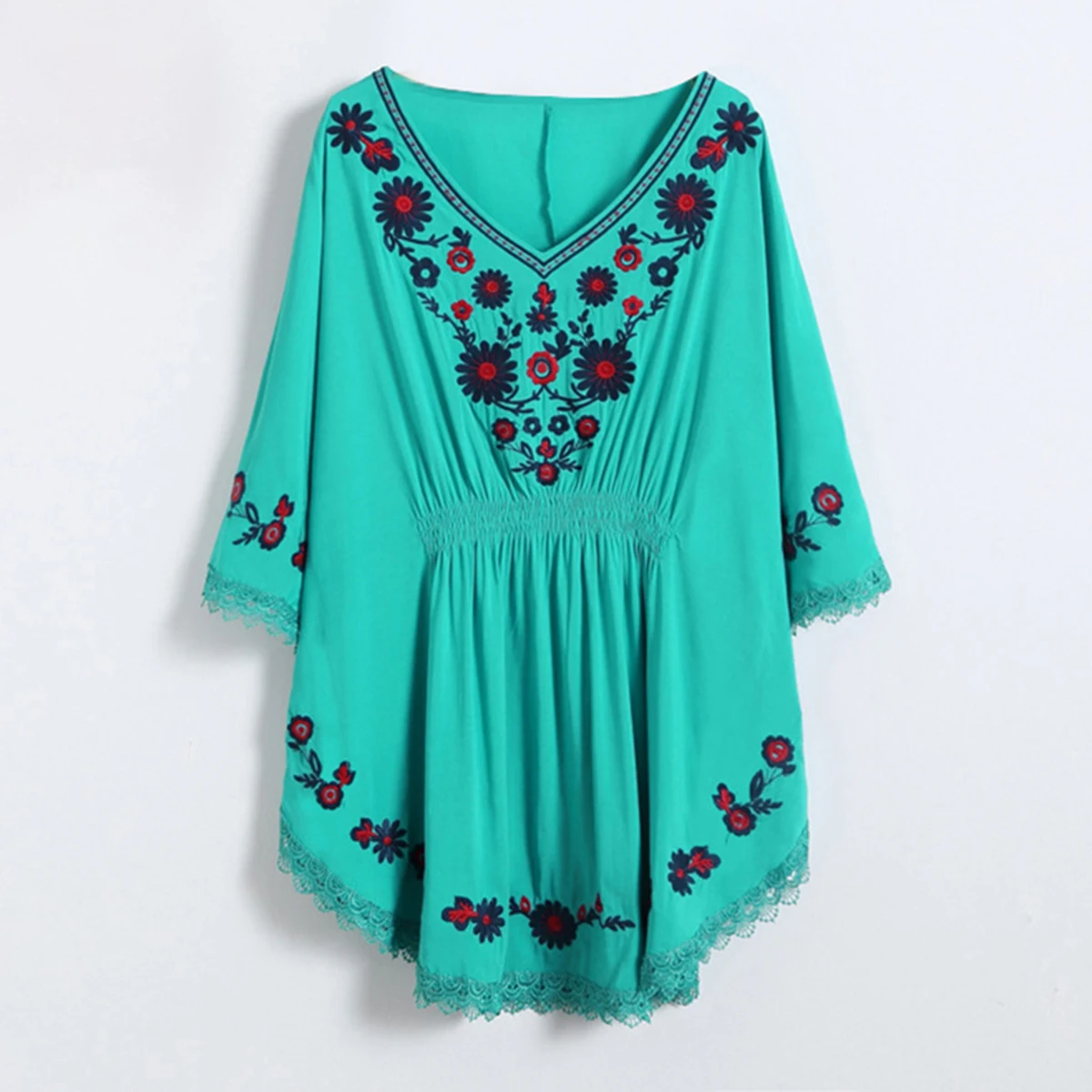 Boho Embroidery Printed Woman Blouses Sexy V Neck Long Sleeve Lace Vintage Shirts Summer Loose Casual Female Long Blouses