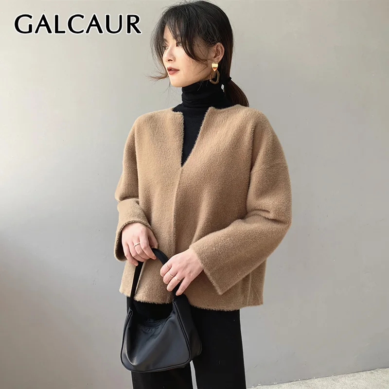 

GALCAUR Solid White Sweater For Women V Neck Long Sleeve Casual Loose Oversized Knitwear Female 2020 Fall Fashion New Clothing