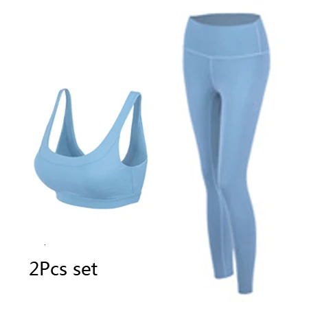 Gray blue Set 2Pcs/Set Seamless Gym Yoga Set Women Super Soft High Waist Leggings+U Type Push Up Sport Bra Fitness Sport Suits Sportswear - Цвет: Gray blue Set