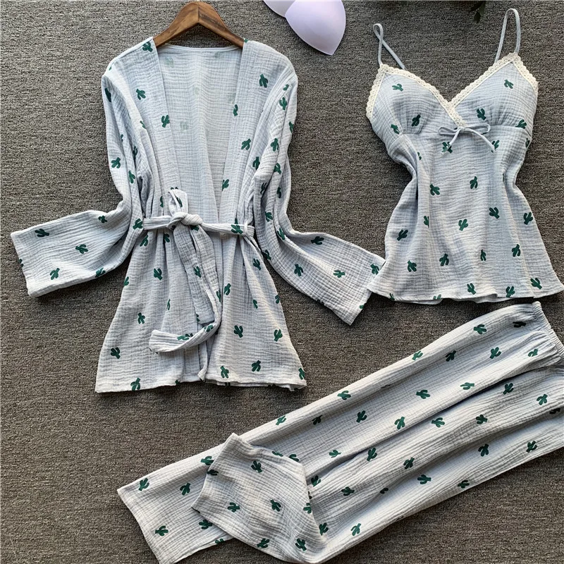 Осенние новые женские хлопковые Пижамные комплекты из 3 предметов с брюками Пижама с кружевами хлопок с цветочным принтом Ночное белье Пижама