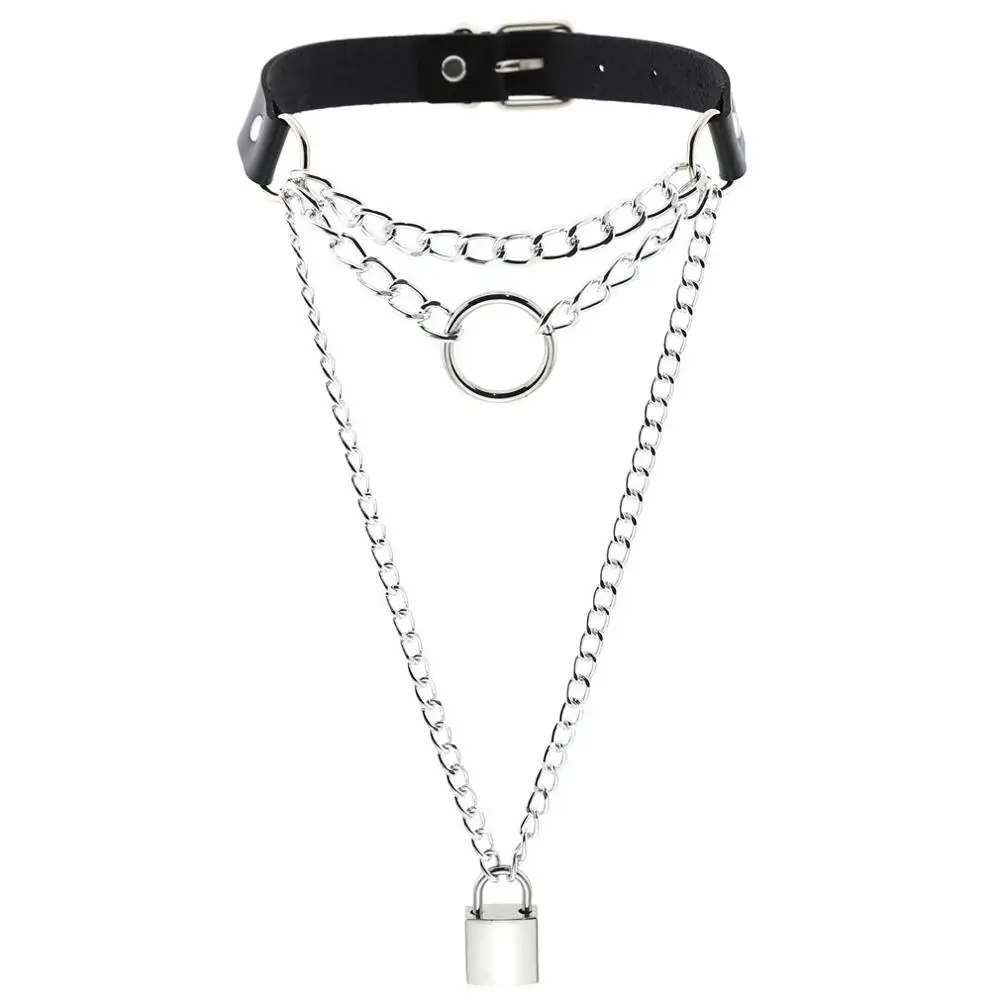 

KMVEXO Gothic Hip Hop Multilayers Chains Necklace Punk Choker Collar Lock Pendant Necklaces Women Leather Emo Witch Rave Jewelry