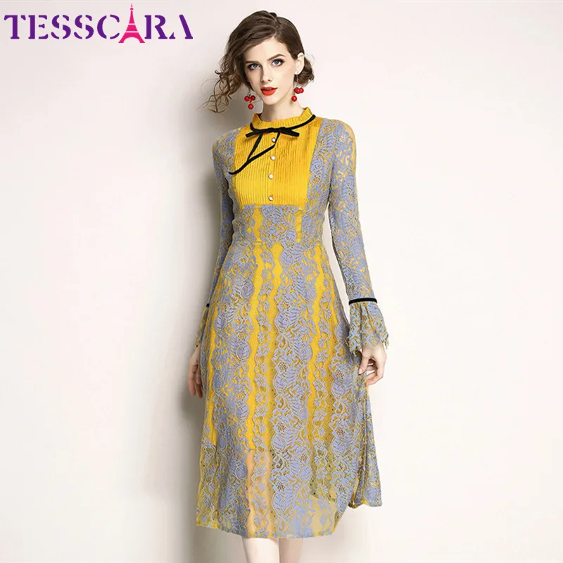 Yellow TESSCARA женское осеннее роскошное кружевное платье рубашка женская элегантная желтая роковая Высококачественная винтажная дизайнерская длинная вечерние платья - Цвет: Yellow