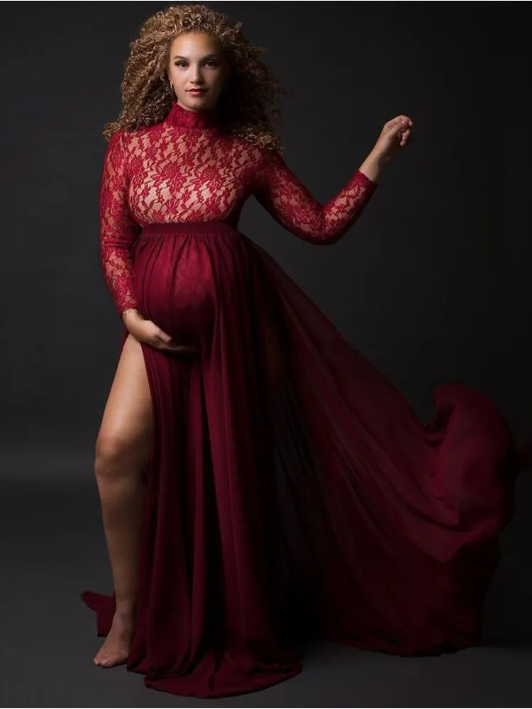 

Maternity Side Split Lace Dress Pregnant Women Pregnancy Gown Maxi Rompers 2-Piece Set Photo Shoot Photography Props Clothing