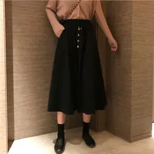 Новое поступление, женская черная юбка длиной до середины икры с фальш-пуговицами спереди, высокая эластичная регулируемая шнуровка на талии, дизайнерские рубашки для женщин