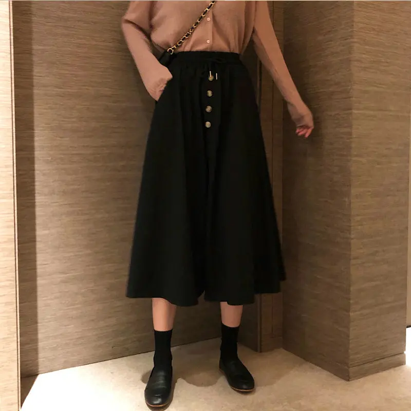 

2020 New Arrival Woman Black Skirt Calf Length Fake Button Front High Elastic Adjustable Lacing up Waist Design Shirts For Women