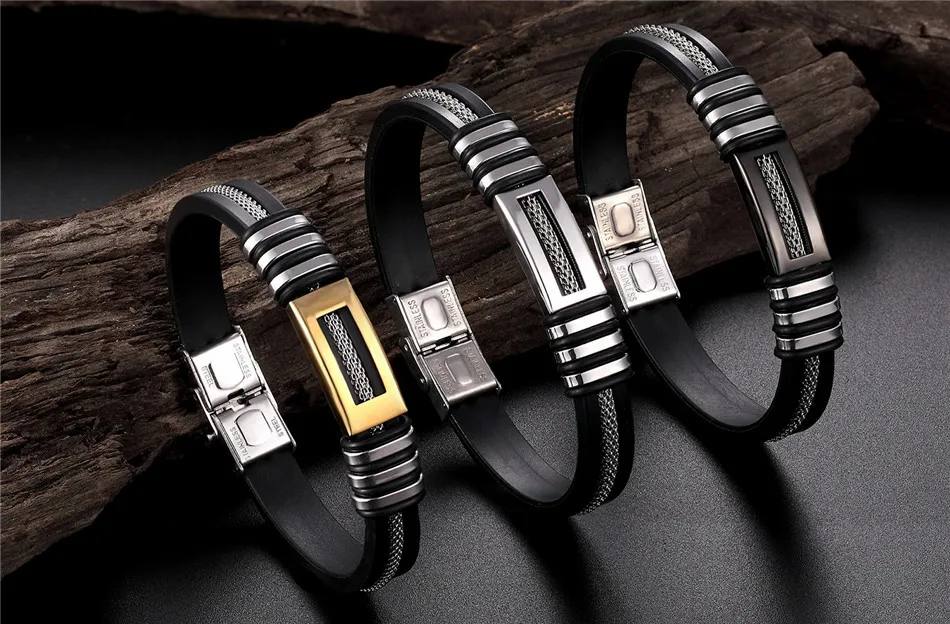Регулируемый черный силиконовый ремень браслет цепочка для мужчин геометрический нержавеющая сталь манжеты браслеты и браслеты мужской подарок