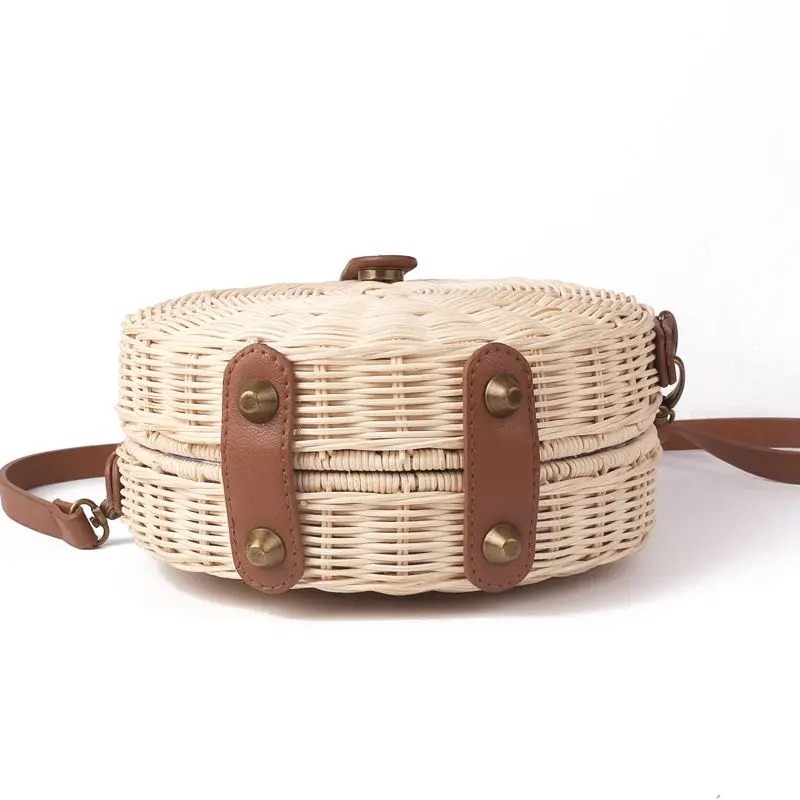 

ABZC-Women Straw+polyesterBag Bohemian Bali Rattan Beach Handbag Small Circle Lady Vintage Crossbody Handmade Kintted Shoulder B