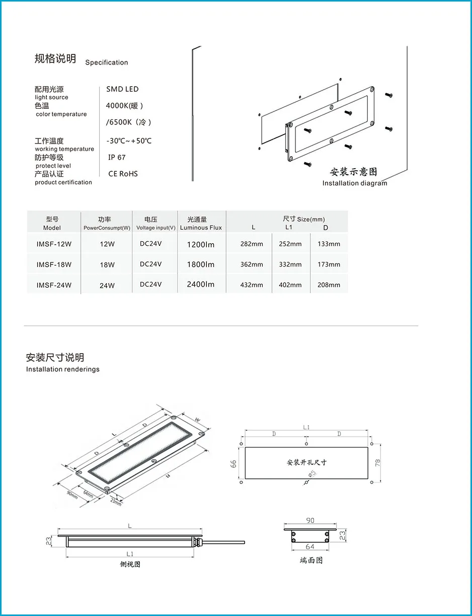 12W 18W 24W Embedded LED lighting Panel Working Light 24V DC flush type Tempered frosted glass Waterproof IP67 Free shipping 18